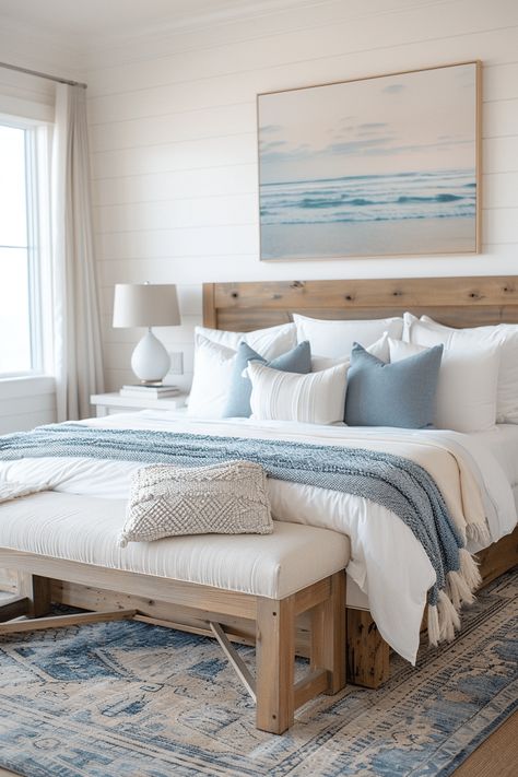 Bedroom Inspirations Coastal Modern, Coastal Farmhouse Guest Bedroom, Master Bedrooms Beach Style, Seaside Apartment Decor, Coastal Farmhouse Master Bed, Beach Themed Bedrooms Master, Beige Beach Bedroom, Cottage Coastal Bedroom, Modern Beach Theme Bedroom