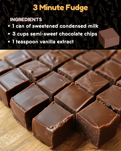 EASY 3 MINUTE FUDGE RECIPE 3 Minute Fudge, Fudge Recipe Condensed Milk, Milk Chocolate Fudge, Heavenly Recipes, Homemade Fudge Recipes, Microwave Fudge, Facebook Recipes, Fudge Ingredients, Fudge Recipes Chocolate