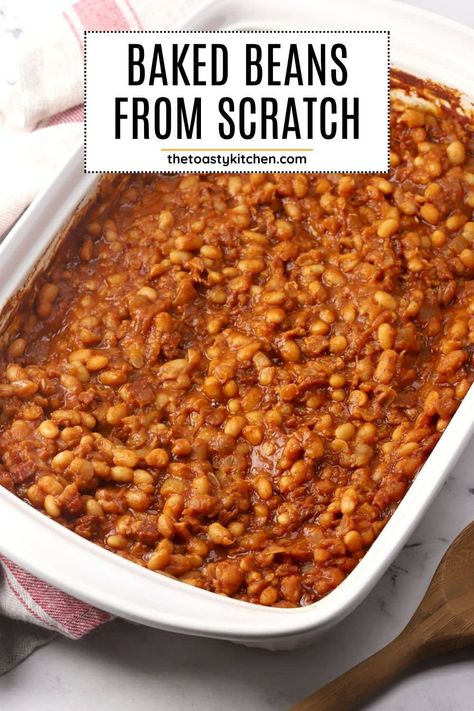 Baked beans from scratch by The Toasty Kitchen. Make baked beans from scratch for your next holiday dinner or family barbecue! Navy beans are simmered in a rich, sticky sauce made with molasses, brown sugar, and bacon. #bakedbeans #sidedish #bbq Barbeque Baked Beans, Homemade Baked Beans From Dry Beans, Baked Beans On Stovetop, Thanksgiving Baked Beans, Baked Beans Recipe Crockpot From Scratch, Baked Beans With Beef, Baked Beans With Pork And Beans, Texas Baked Beans, Sweet Baked Beans Recipe