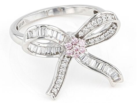 Bella Luce® pink and white diamond simulants 0.55ctw baguette and round, rhodium over sterling silver bow ring. Measures approximately 0.81"L x 0.63"W and is not sizeable. The diamond equivalent weight is 0.33ctw. Bow Ring, Pink Bling, Girly Accessories, Silver Bow, Diamond Simulant, Pink Jewelry, Jewelry Lookbook, Pretty Rings, Girly Jewelry