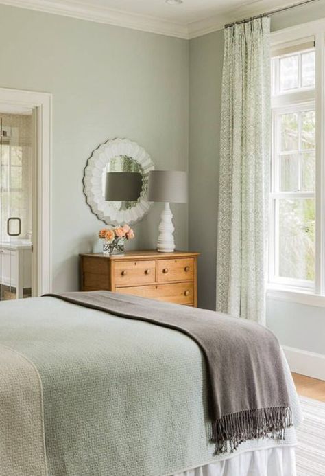 Green And Blue Coastal Bedroom, Green Walls White Furniture Bedroom, Mint And Sage Green, Calm Serene Bedroom, Seafoam Green Bedroom Ideas, Sage And Coral Bedroom, Mint Green Walls Living Room, Sage Walls Bedroom, Sage Wall Color