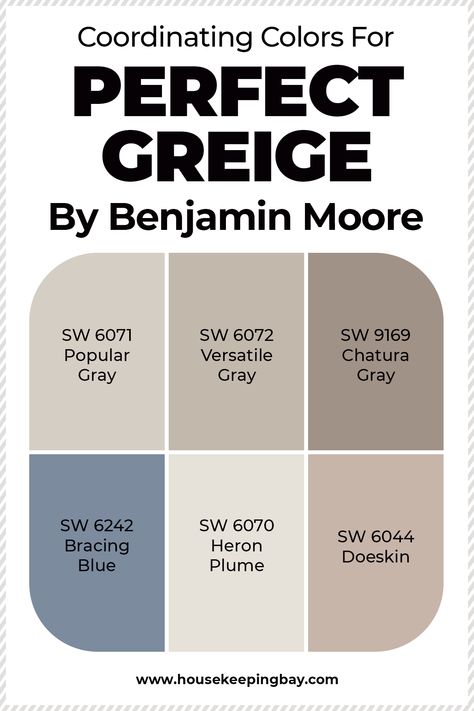 Coordinating Colors For Perfect Greige Perfect Greige Color Palette, Perfect Greige Coordinating Colors, Perfect Greige Sherwin Williams Coordinating Colors, Greige Color Combinations, Perfect Greige Color Scheme, Greige And Blue Living Room, Sw Greige Paint Colors, Sw Perfect Greige, Perfect Greige Sherwin Williams