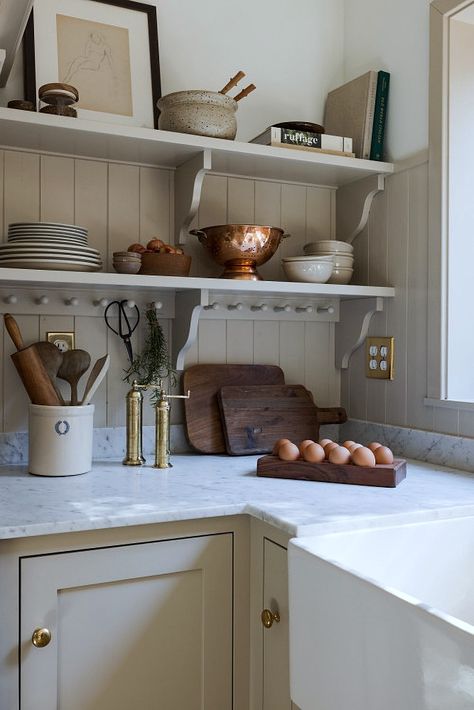 Counter Dish Storage, Minimal Traditional Home Interiors, Shelves Above Banquette, Antique Wooden Shelf, French Victorian Kitchen, Kitchen With Angled Ceiling, Short Ceiling Kitchen, Restore A Finish Before And After, Foundation Remodel