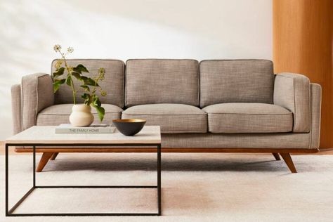 West Elm Sofa, Wooden Trim, Sofa Bed Design, Retro Sofa, Stylish Curtains, Mid Century Sofa, Tufted Sofa, Contemporary Sofa, Best Sofa