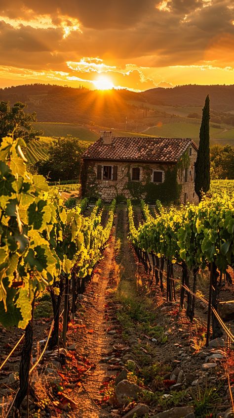 Sunset Vineyard Views: The golden sunset bathes the old stone house and vineyards in warm, radiant light, creating a tranquil scene. #sunset #vineyard #countryside #stone house #grapevines #aiart #aiphoto #stockcake ⬇️ Download and 📝 Prompt 👉 https://ayr.app/l/f6bH Home Vineyard, Italian Countryside Aesthetic, Winery House, Vineyard Aesthetic, Vineyard Cottage, Cozy Village, Wine Presentation, Vineyard Photography, Italian Vineyard