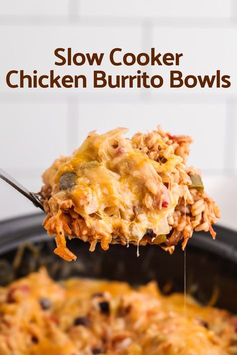 Slow Cooker Chicken Burrito Bowls - ten minutes of prep work rewards you later with a delicious and hearty dinner. Just dish yourself a bowl and garnish to your liking. via @cmpollak1 Slow Cooker Burrito, Shredded Chicken Burrito, Chicken Burrito Bowls, Chicken Crockpot Recipes Healthy, Burrito Bowls Recipe, The Magical Slow Cooker, Chicken Burrito, Slow Cooker Pasta, Chicken Burrito Bowl