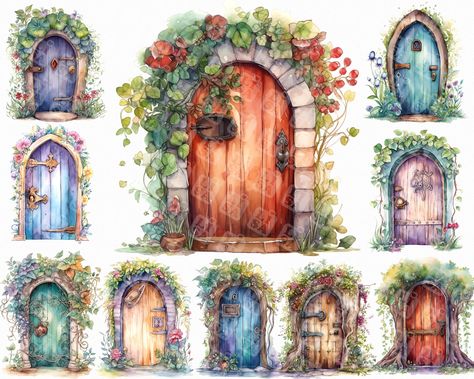 Fairy Door Watercolor, Fantasy Door Drawing, Magical Door Drawing, Fairy Door Drawing, Fantasy Door, Alice In Wonderland Props, Magical Door, Fairy Clipart, Door Art