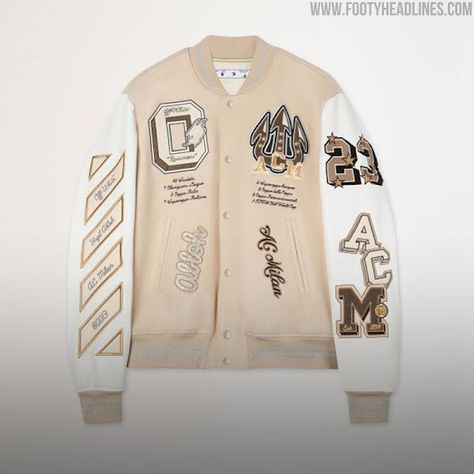 Off White Varsity Jacket, American Street Fashion, Off White Jacket, Leather Sleeves, Y2k Jacket, Leather Sleeve, Ac Milan, White Jacket, Jacket Style