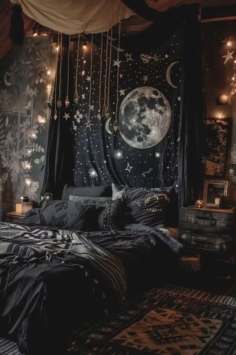 Room Ceiling Ideas Bedrooms, Witchcore Bedroom Ideas, Black Wall Decor Bedroom, Room Ideas Bedroom Black, Alien Bedroom Aesthetic, Dark Cottage Core Bedroom Ideas, Bedroom Ideas Art Deco, Gothic Bedroom Decor Ideas, Black And Green Bed