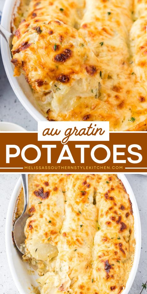 These decadent Au Gratin Potatoes are the ultimate 4th of July food! This side dish recipe starts with thinly sliced potatoes smothered with a rich homemade cream sauce and Gruyere cheese. Add this to your easy summer BBQ side dishes! Homemade Au Gratin Potatoes, Au Gratin Potatoes Easy, Recipe For A Crowd, Au Gratin Potatoes, Au Gratin Potato Recipes, Gratin Potatoes, Au Gratin Recipes, Flavorful Vegetables, Potatoes Au Gratin