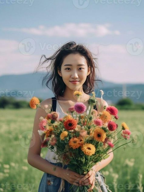 Lovely woman holding a beautiful autumn bouquet flower arrangement with pink and red color flowers green lawn on background, Generative AI Person Holding Flower Reference, Flower Bouquet Reference, Person With Flowers, Woman Holding Bouquet, Woman Holding Flowers, Aesthetic Comic, Holding Bouquet, Holding A Bouquet, Autumn Bouquet