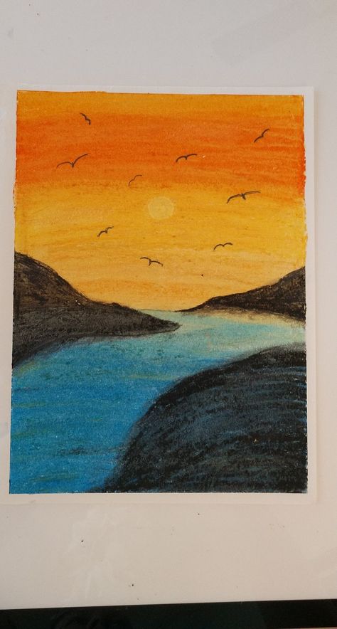 Easy Drawings With Pastels, Oil Pastel Painting Step By Step, Drawing Ideas With Soft Pastels, Sunset With Pastels, Sketches In Color, Oil Paster Easy Art, Oil Pastels Landscape Easy, Oil Pastel Canvas Art Easy, Pastels Artwork Easy