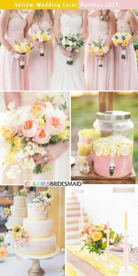 Yellow and blush wedding color palettes inspirations for 2024: blush bridesmaid dresses, yellow and blush wedding bouquets, yellow and blush drink straw, blush and yellow wedding cake, yellow table runners, blush and yellow candles, blush and yellow table centerpieces. #weddingcolors #weddingideas #yellowweddings #colsbm #2024 #bridesmaiddresses #yellowandblush #blushwedding Dusty Pink And Yellow Wedding, Blush Pink And Yellow Wedding, Yellow And Blush Wedding, Light Pink And Yellow Wedding, Blush Yellow Wedding, Pink And Yellow Wedding Theme, Yellow And Pink Wedding, Bridesmaid Dresses Yellow, Pale Yellow Weddings