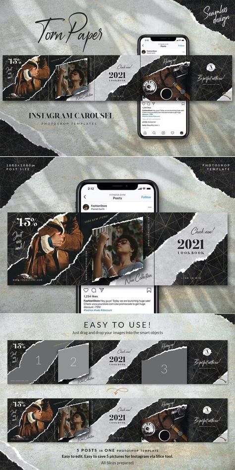 Torn Paper Instagram Carousel Template PSD Insta Post Design Template, Ig Carousel Post Ideas, Instagram Banner Templates, Instagram Carasoul, Instagram Banner Ideas, Insta Graphic Design, Graphic Design Carousel, Carousel Reference, Instagram Carousel Collage