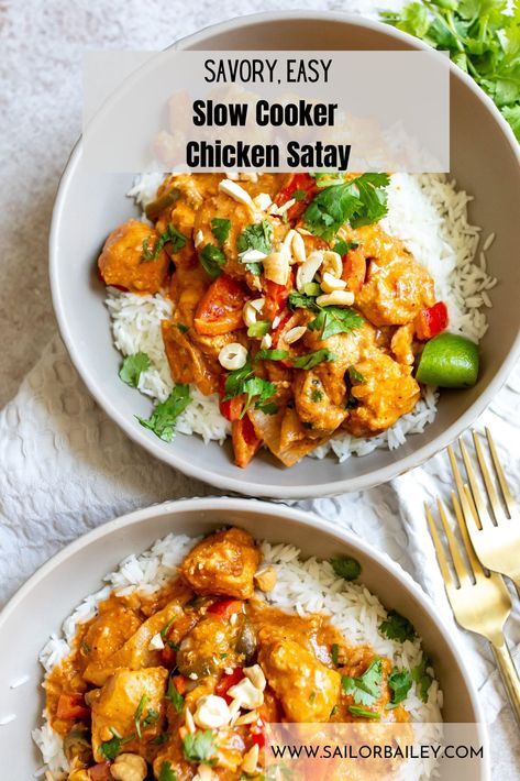 Slow Cooker Chicken Satay Thai Recipes Crockpot, Chicken Satay Dinner, Peanut Chicken Slow Cooker, Clean Chicken Crockpot Recipes, Chicken Satay Soup, Slow Cooker Thai Basil Chicken, Chicken Satay Bowl, Thai Slow Cooker Recipes, Slow Cooker Thai Recipes