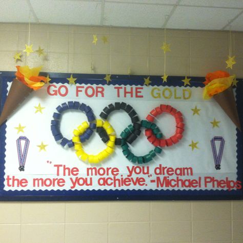 Motivating w/ an Olympic theme. Special Olympics Banner, Go For The Gold Bulletin Board, Summer Olympics Bulletin Board Ideas, Olympic Theme Bulletin Board Ideas, Sports Day Bulletin Board Ideas, Olympic Bulletin Board Ideas, Olympic Bulletin Board, Vbs Olympics, Pe Bulletin Boards