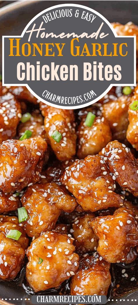 Honey Garlic Chicken Bites Honey Garlic Asian Chicken, Simple Delicious Chicken Recipes, Honey Chicken Bites Recipes, Honey Garlic Chicken And Shrimp, Chinese Honey Chicken Sauce, Popcorn Chicken Meals Ideas, Grilled Honey Chicken Recipes, Honey Garlic Chicken Skewers Air Fryer, Chicken Bites With Sauce