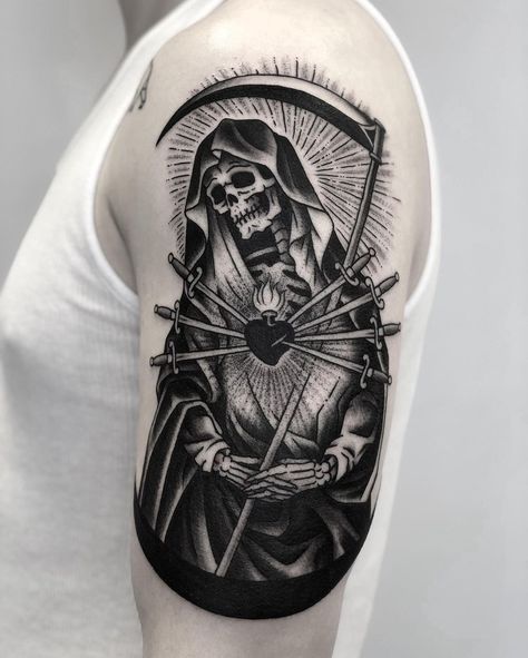 Santa Muerte Tattoos: The Meaning Behind This Powerful Design La Santa Muerte Tattoo, La Muerte Tattoo, Tattoos Ideas For Women, Catrina Tattoo, Tattoo Concepts, Aztec Tattoo, Traditional Tattoo Art, Old Tattoos, Most Popular Tattoos