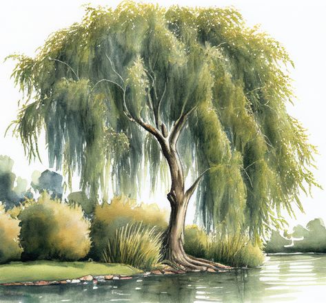 Lakeside Weeping Willow watercolor painting Willow Tree Watercolor Painting, Willow Tree Fantasy Art, Willow Watercolor, Watercolor Weeping Willow, Weeping Willow Illustration, Willow Tree Painting Easy, Weeping Willow Drawing, Weeping Willow Art, Weeping Willow Painting