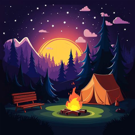 ✅ This image depicts a peaceful and enchanting nighttime camping scene in a serene forest environment. The central focus is a cozy camping tent set up next to a roaring campfire, casting a warm, orange glow across the surrounding landscape. In the background, a majestic sun is setting behind a silhouetted forest of tall pine trees, creating a serene and tranquil atmosphere. The sky is filled with a myriad of stars, adding to the sense of wonder and connection with nature. The campsite is well... Forest Camping Drawing, Cozy Camping Tent, Tent Illustration, Campfire Drawing, Basic Drawing For Kids, Camping Illustration, Forest Environment, Tall Pine Trees, Camping Drawing