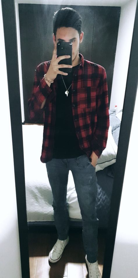 Red & Black shirt, black t-shirt, blue jeans and white sneakers Red Check Shirt Outfit Men, Red Checked Shirt Outfit, Black Shirt Outfit Men, Red Shirt Outfits, Checked Shirt Outfit, Jeans And White Sneakers, Black Shirt Outfits, Red Checked Shirt, Red And Black Shirt