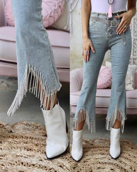 Rhinestone Fringe Jeans, Denim And Diamonds Party Outfit, Denim Party Outfit, Cowboy Outfits For Women, Diamonds And Denim Party, Cowgirl Rhinestone, Sparkle Jeans, Halloween Fits, Denim Diy Clothes