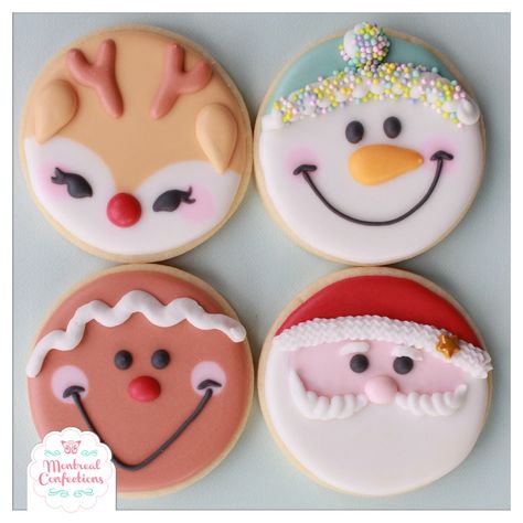 Sugar Cookie Frosting Designs Christmas, Cookie Icing Ideas Christmas, Round Christmas Cutout Cookies, Round Snowman Cookies, Decorating Round Christmas Cookies, Round Sugar Cookie Christmas Designs, Round Santa Cookies, Round Cookie Decorating Ideas Christmas, Circle Santa Cookies