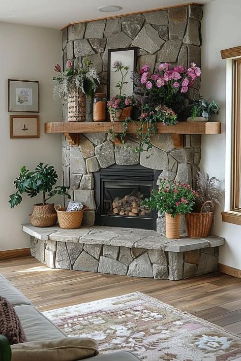 Hello Hayley Inside Of Fireplace Ideas, Indoor Brick Fireplace, Corner Stove Fireplace, Chimney Living Room, Corner Gas Fireplace Ideas, Warm Rustic Living Room, Small Fireplace Ideas, Corner Stone Fireplace, Corner Fireplace Makeover