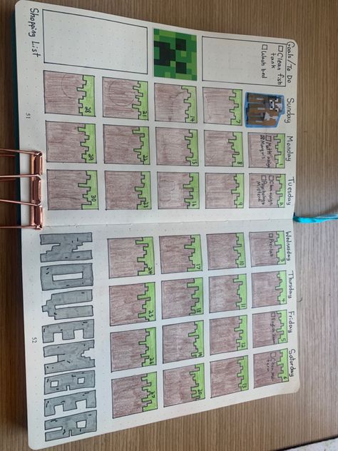 Bujo 2023, Bujo Monthly Spread, November Bullet Journal, 2024 Bujo, Minecraft Theme, Journal 2024, Bullet Journal Paper, Journal Books, Todo List