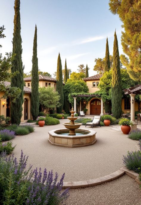 California Landscaping Spanish Style Landscape, Tuscan Landscaping Ideas, Mediterranean Yard, Italian Landscaping, Mexican Fountain, California Outdoor Living, Tuscan Landscape Design, Front Yard Fountain, Spanish Fountain