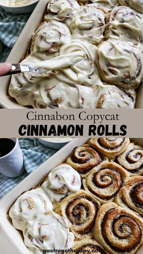 Pan of Cinnabon copycat cinnamon rolls in a baking dish. Cinnamon Rolls Homemade Gooey, Cinnamon Rolls Like Cinnabon, Cinnabon Recipe Copycat, Cinnamon Buns Gooey, Diy Cinnabon Cinnamon Rolls, Copycat Cinnabon Rolls, Cinna Bun Cinnamon Rolls, Cinnamon Rolls Cinnabon Recipe, Best Cinnamon Buns Recipe