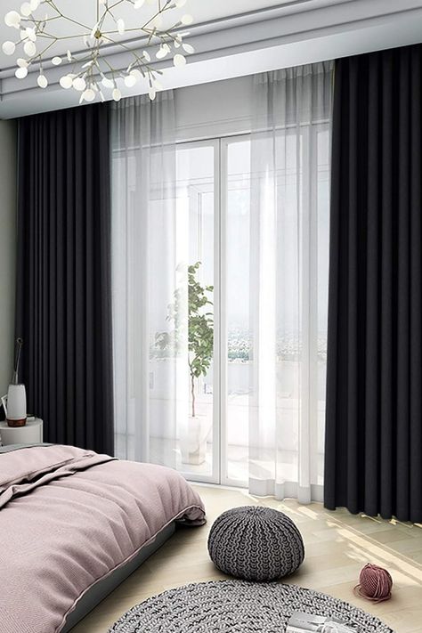 luxury bedroom design Black Out Curtains Bedroom Ideas, Black Curtains Bedroom, Black Curtains Living Room, Grey Curtains Bedroom, White Curtains Living Room, Beautiful Bed Designs, Blackout Curtains Bedroom, Bedroom Curtain, Luxury Bedroom Design