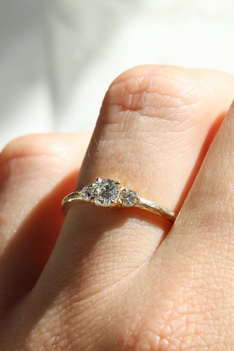 Three Stone Engagement Ring With Hammered Band Texture in Solid Gold – Lacee Alexandra Small Vintage Engagement Rings, Rustic Engagement Rings, Small Engagement Rings, Sculpted Jewelry, Dainty Engagement Ring, Dream Future, Dainty Engagement Rings, Fall Florals, Three Stone Engagement Ring