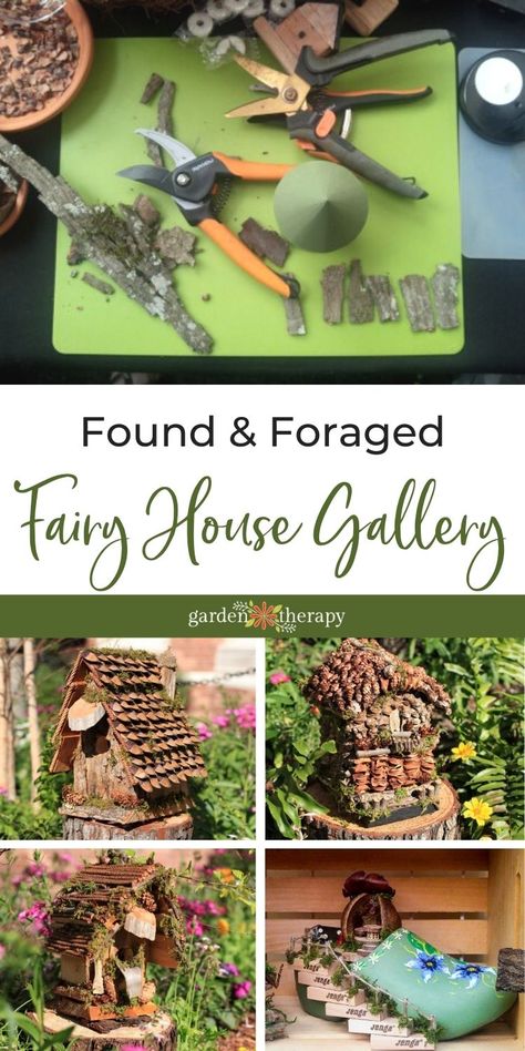 Foraged materials like mushrooms, pinecones, and branches make little woodland houses so realistic looking that you would think they were made by fairies. Using natural elements, the Fairy House Ladies of Disney—sisters Rhonda Maseman and Vikki Yarborough—have been designing whimsical foraged fairy houses for the past ten years. Their designs are not just fanciful, they are also weatherproof and can stay outside all year. #gardentherapy #disney #miniaturegardening #gardendecor Fairy House With Sticks, All Natural Fairy Houses, Faerie House Diy, Building Fairy Houses, Nature Fairy House Diy, Recycled Fairy House, How To Build Fairy Houses, Make Your Own Fairy House, Fairy Garden Hobbit House Diy