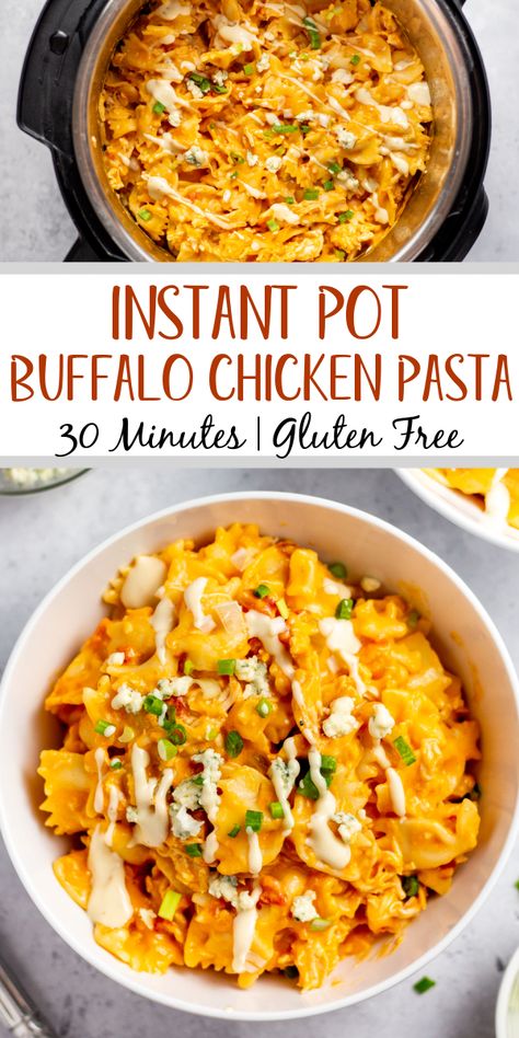 This instant pot buffalo chicken pasta is an easy one dish meal that can be made gluten-free. It comes together in 30 minutes, requires very little hands-on time, and is perfectly zesty and creamy. This instant pot pasta recipe also has plenty of veggies like onions, celery and tomatoes. It's a delicious easy weeknight dinner or meal prep recipe everyone is sure to love! #instantpotpasta #buffalochickenpasta #instantpotchicken #chickenpasta #glutenfreepasta Instant Pot Healthy Pasta, Health Instant Pot Recipes, Healthy High Protein Instant Pot Recipes, Dump And Go Instant Pot Dinners, Buffalo Chicken Pasta Instant Pot, Buffalo Chicken Pasta Healthy, Healthy Instant Pot Recipes Clean Eating, Instapot Recipes Dinners, Instant Pot Healthy Recipes