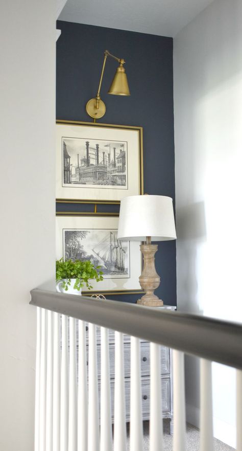 Navy Blue Accent Wall Navy Wall Accent, Light Gray Walls With Navy Accent Wall, Navy Blue Accent Wall Entry Way, Accent Wall Navy Blue, Navy Blue Wood Panel Wall, Naval Accent Wall, Blue Accents Bedroom, Navy Blue Accent Wall, Blue Accent Wall