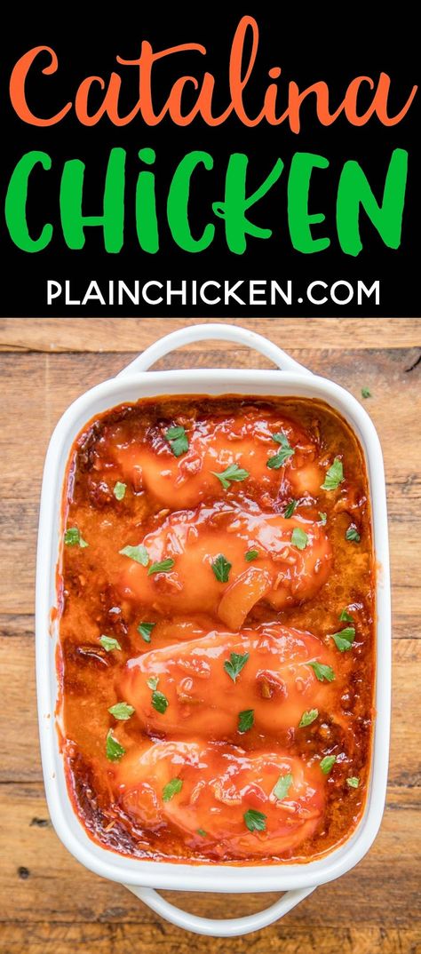 Catalina Chicken - only 4 ingredients!! No prep work! Just toss together and bake. SO easy!! Everyone LOVED this easy weeknight chicken dish. Easy to double the recipe for a crowd. Serve with rice, potatoes or noodles. A real crowd pleaser! Chicken Recipes Easy 4 Ingredients, Catalina Dressing Recipes, Catalina Chicken, Easy Weeknight Chicken, Catalina Dressing, Recipe For A Crowd, Weeknight Chicken, Chicken Recipes Easy, Comfort Food Chicken