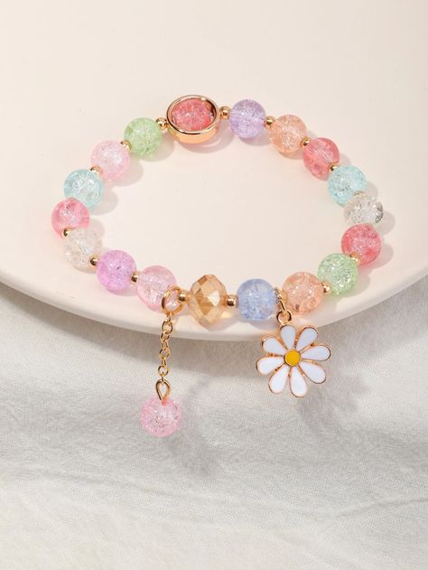 Flower Charm Beaded Bracelet | SHEIN USA Glass Bead Bracelet Aesthetic, Cute Charms For Bracelets, Cute Assesories, Shein Bracelet, Collares Aesthetic, Beaded Charm Bracelet, Embellished Fashion, Pretty Jewelry Necklaces, Trending Bracelets