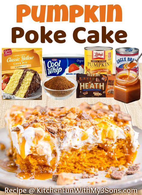 Frozen Whipped Cream, Pumpkin Poke Cake, Chewy Toffee, Caramel Pumpkin, Dump Cake Pumpkin, Pumpkin Cake Recipes, Caramel Drizzle, Kitchen Fun, Toffee Bits