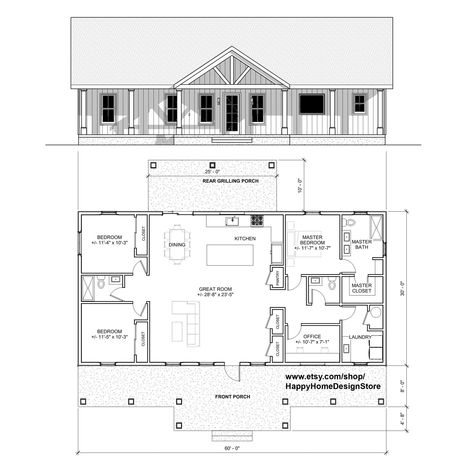 This thoughtfully design house plan offers a 60'x30', 3 bedroom, 2.5 bath house that can be added on any plot of land! Once you order you will be provided with an instant download link to obtain the detailed floor plan drawing. The floor plan is fully dimension-ed and scaled for use on one of your own property! Save hundreds in architectural fees! These carefully dimensioned drawings should be enough for a contractor to frame the house walls and then you simply design the rest of the house an Rectangle House Plans, 3 Bedroom Home Floor Plans, Custom House Plans, 3 Bedroom Floor Plan, Three Bedroom House Plan, Pole Barn House Plans, House Plans 3 Bedroom, Cabin Floor Plans, Three Bedroom House