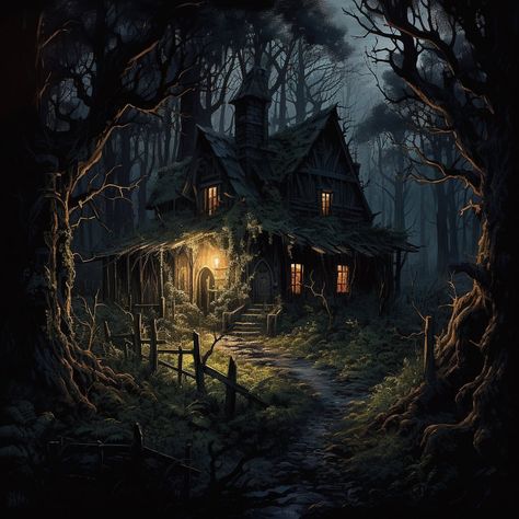 In the dense, foreboding woods, the creepy cottage emerges like a haunting apparition, its timeworn timbers creaking with the secrets of… | Instagram Cottage In The Woods Aesthetic, Creepy Cottage, Witch Cottage Aesthetic, Overgrown Cottage, Ancient Witch, Witch Cabin, Witch Hut, Witches Cottage, Haunted Woods