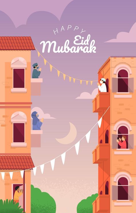 Eid Greetings From a Distance Eid Mubarak Posters, Eid Greetings Design, Eid Graphic Design, Happy Eid Mubarak Design, Eid Al Fitr Design, Eid Posters, Cute Eid Mubarak, Eid Illustration, Eid Mubarak Illustration