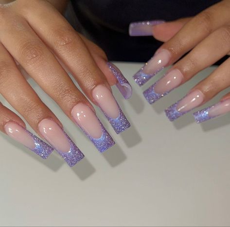 Glitter French Nails, Light Purple Nails, Purple Glitter Nails, Glitter French Tips, August Nails, Purple Acrylic Nails, Drip Nails, Glamour Nails, Long Nail