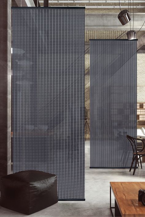 hanging room divider partition separator semi privacy sheer screen for office, restaurent, living room Fabric Room Dividers Hanging, Studio Partition, Partition For Office, Living Room Studio Apartment, Hanging Partition, Hanging Divider, Office Divider, Divider Room, Hanging Room Divider