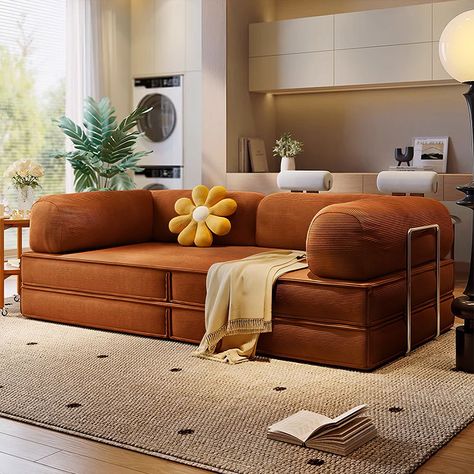 78.7" Modern Corduroy Upholstered Convertible Sofa Bed 3 Seater Sleeper Deep Seat Sofa Couches in Orange for Living Room, Guest Living Room Bed Guest Living Room, Small Couch In Bedroom, Diy Sofa Bed, Upholstered Sofa Bed, Deep Seat Sofa, Small Sofa Bed, Deep Couch, Single Sofa Bed, Bedroom Couch