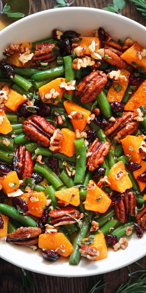 Green Beans with Butternut Squash, Pecans, and Cranberries in a white bowl. Thanksgiving Green Bean Recipe, Thanksgiving Green Beans, Traditional Green Bean Casserole, Green Bean Dishes, Green Beans Side Dish, Thanksgiving Vegetables, Best Thanksgiving Side Dishes, Holiday Side Dish, Holiday Side