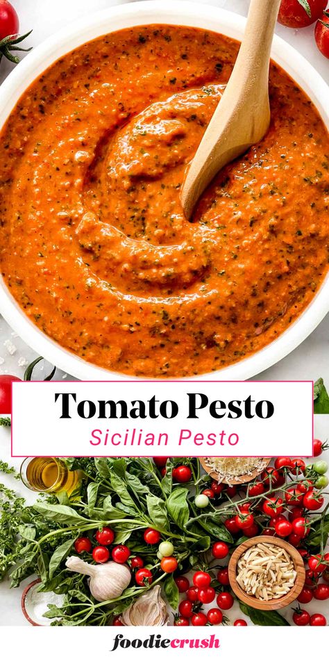 This Sicilian Tomato Pesto recipe puts a vibrant twist on classic pesto!  Sun-dried tomatoes add a burst of sweetness and tang to a blend of fresh basil, garlic, Parmesan cheese, and toasted almonds.  Simple to prepare yet bursting with flavohealthr, it's a delicious sauce for pasta, a spread for bruschetta, or even a flavorful topping for grilled chicken or fish. Tomato Basil Pesto Recipe, Sauces With Tomatoes, What To Do With Too Much Basil, Sun Dried Tomato Pesto Sauce, Too Many Tomatoes Recipes For, Sicilian Pesto Sandwich, Pesto And Marinara Pasta, Pesto Food Ideas, Canning Pesto Recipe