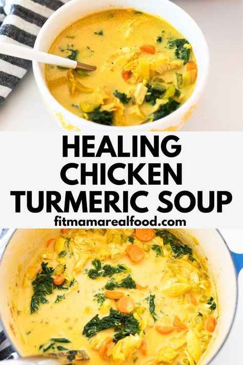 Healthy golden healing chicken turmeric soup is everything you want when you’re searching for comfort and nourishment together. In this warming, delicious recipe we are combining loads of veggies, protein packed chicken, turmeric, ginger and all the goodness of bone broth. The little secret ingredient (red curry paste) pairs so well with the turmeric and coconut milk. You will want to sip this soup up! Chicken Turmeric, Ginger Chicken Soup, Turmeric Soup, Healing Soup, Coconut Milk Soup, Ginger Chicken, Curry Soup, Fit Mama, Think Food