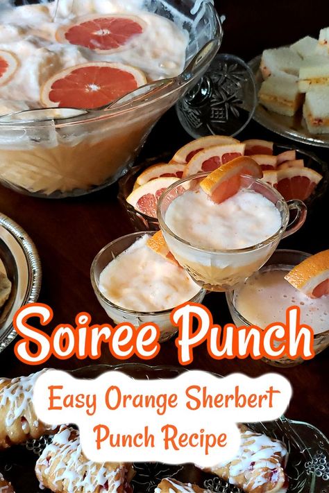 Easy Orange Sherbet Punch Recipe - This delicious party punch made with orange sherbet and ginger ale garnished with fresh orange slices is a classic. This easy punch recipe is also called "Soiree Punch" and is perfect for any gathering. It's non-alcoholic too, making it a perfect beverage for anyone. The sherbet punch can be served in a punch bowl or beverage dispenser. Orange Sherbet Punch, Drink Dispenser Recipes, Easy Punch Recipe, Party Punch Alcohol, Alcoholic Party, Sherbet Punch Recipes, Sherbet Punch, Easy Punch Recipes, Easy Punch