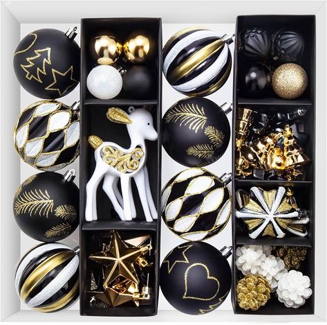 Amazon.com: Christmas Ball Ornaments Set, 59 ct Black Gold Xmas Assorted Ornament, Deer Theme Shatterproof Decorative Hanging Ball Ornament for Party Wedding Graduation Christmas Tree Decoration : Home & Kitchen Black Christmas Balls, Black And Gold Christmas Tree, Black White And Gold Christmas, Gold Holiday Decor, Black And Gold Christmas, Joy Decorations, Christmas Tree Decorating Tips, Deer Theme, Christmas Tree Decorations Diy